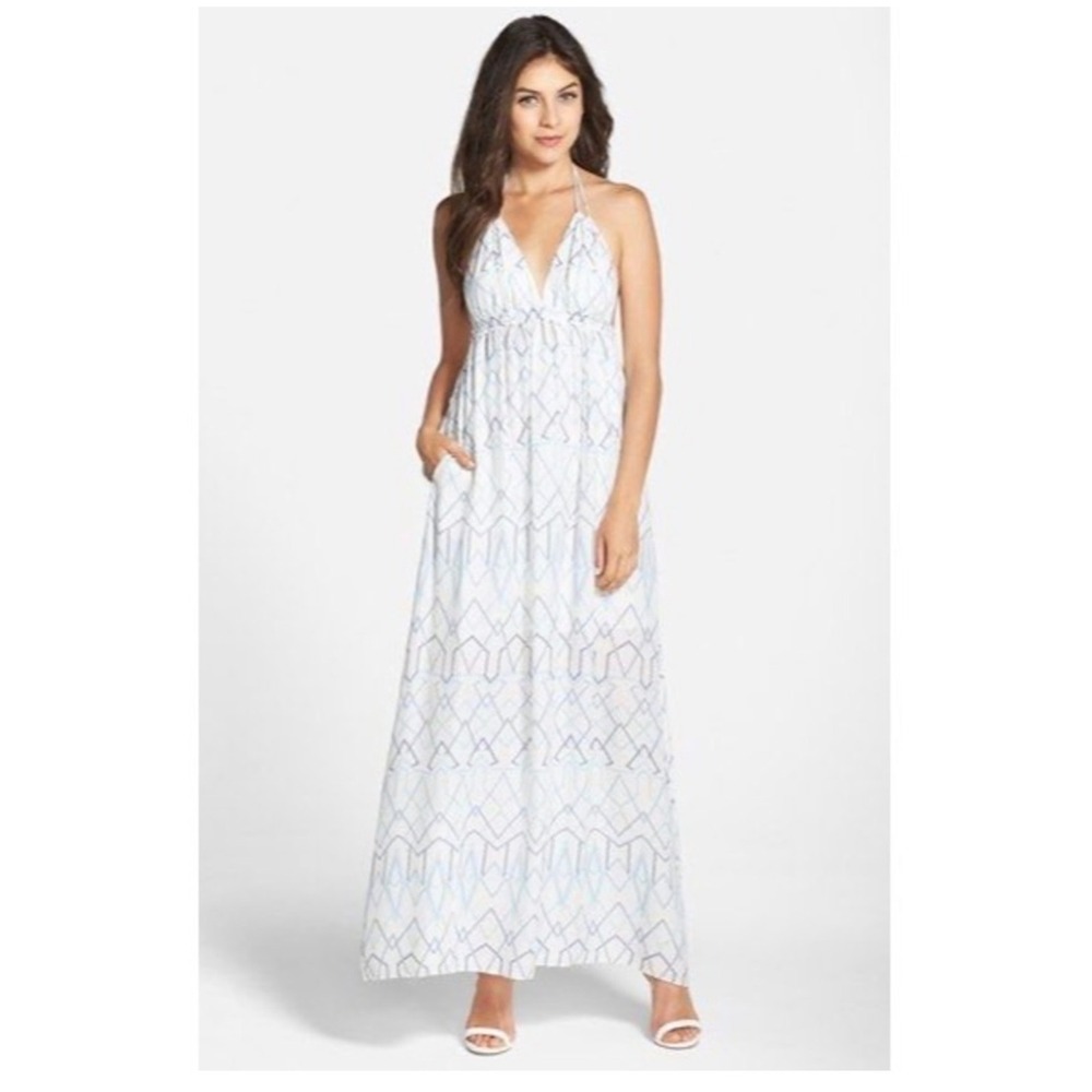 BCBGMaxAzria KAMALA Maxi Dress Womens XXS White Blue  Halter Open Back